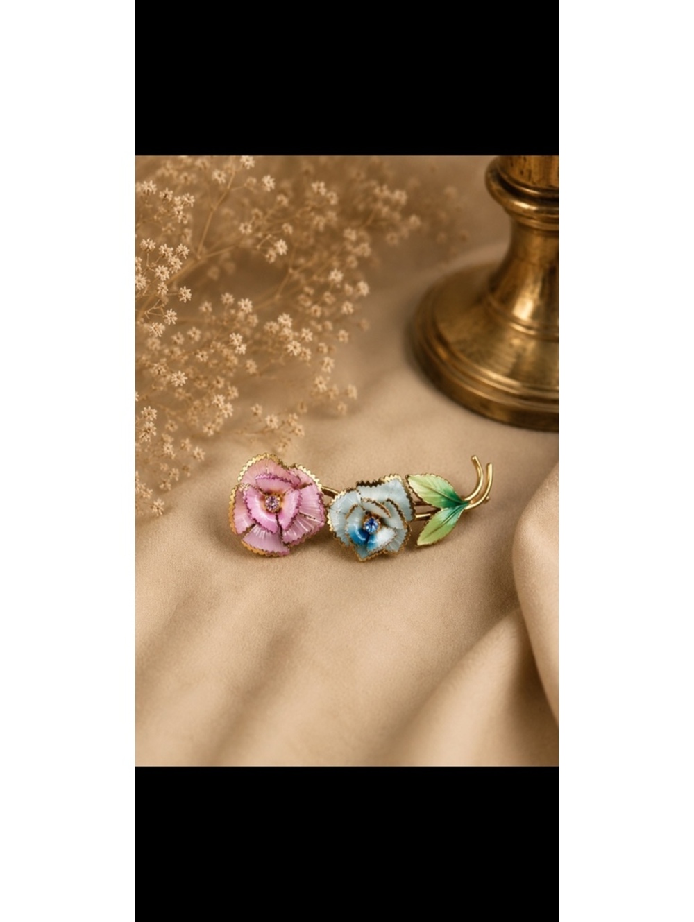Vintage Austria Enamel Floral Brooch Pink Blue Rhinestone Gold Tone Rose Pin